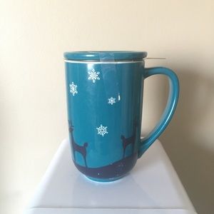 David’s tea ceramic lidded steeper reindeer holiday mug read